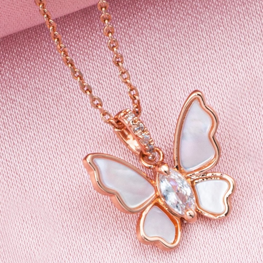 Rose Gold Butterfly Necklace with pink Mother of Pearl, Charmed Aroma